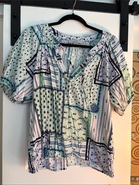 LOFT Mint and Blue Patchwork Peasant Blouse